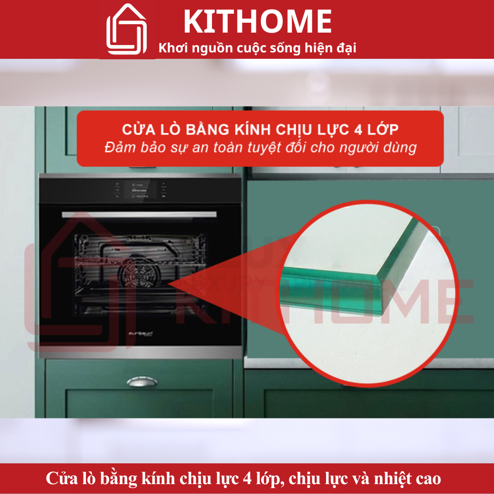Cửa lò bằng kính chịu lực 4 lớp, chịu lực và nhiệt cao đáp ứng tốt nhu cầu nấu nướng của gia đình bạn
