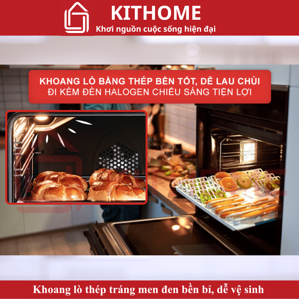 Khoang lò thép tráng men đen bền bỉ – dễ vệ sinh, kết hợp đèn Halogen hỗ trợ quan sát tiện lợi