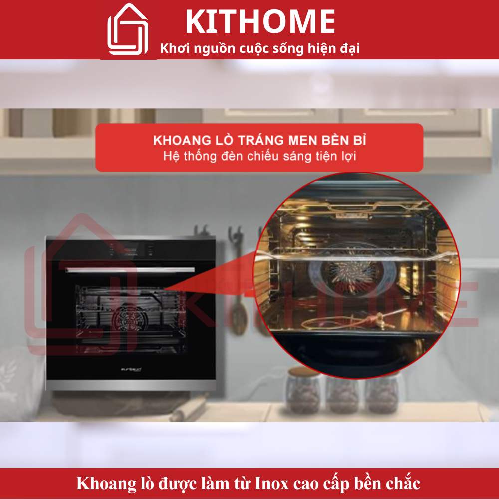 Khoang lò được làm từ Inox cao cấp bền chắc đi kèm đèn Halogen chiếu sáng
