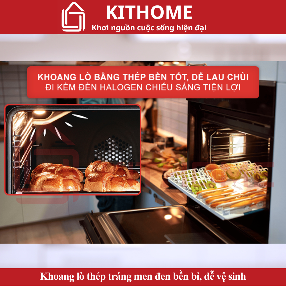 Khoang lò bằng thép tráng men đen bền bỉ và đèn chiếu sáng Halogen tiện lợi