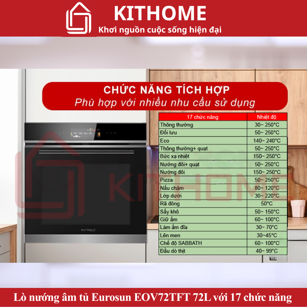 Lò nướng âm tủ Eurosun EOV72TFT 72L với 17 chức năng tích hợp