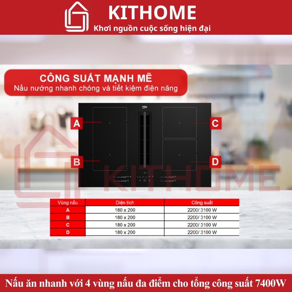 Bếp từ 4 vùng nấu với tổng công suất 7400W