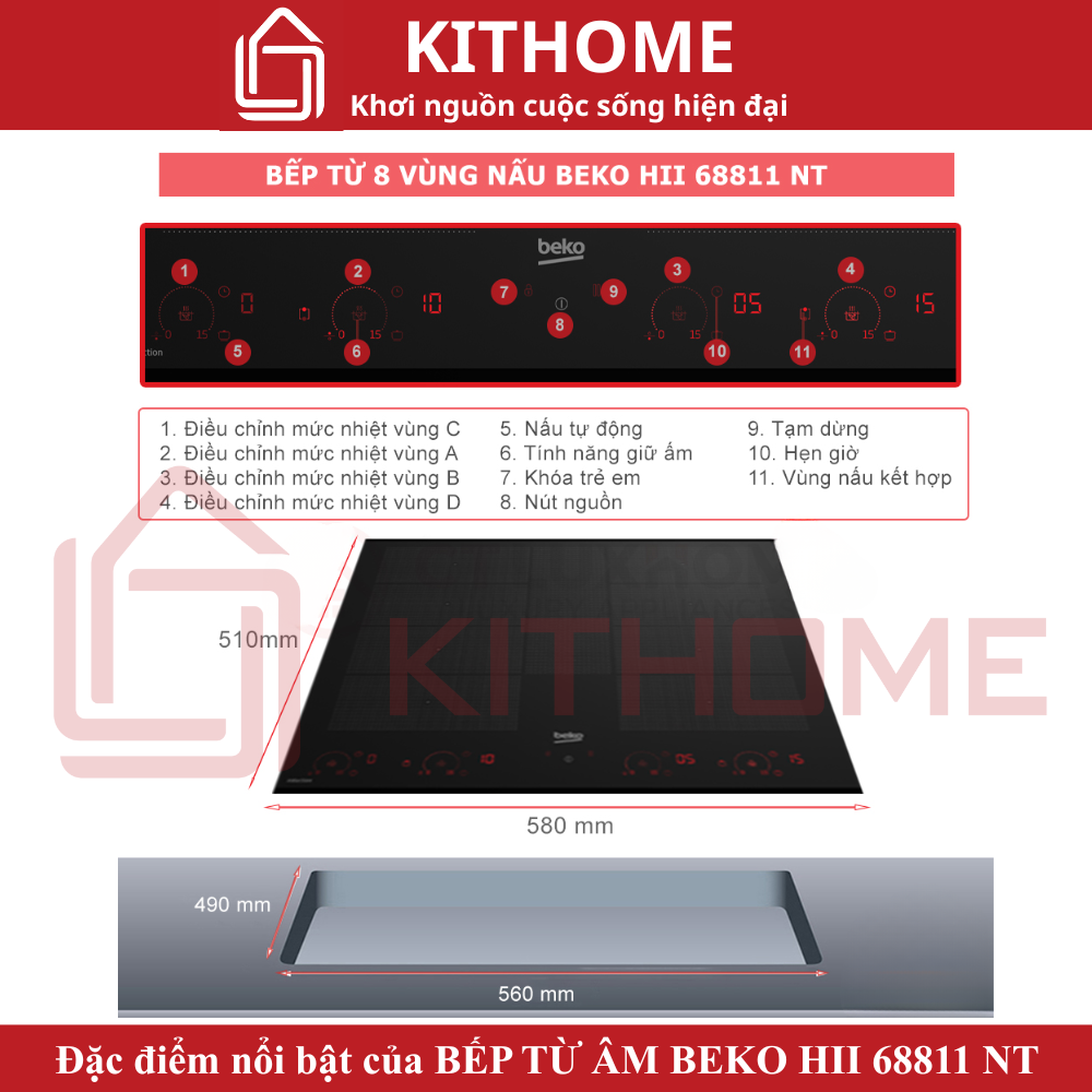 Đặc điểm nổi bật của Bếp từ 8 vùng nấu Beko HII 68811 NT