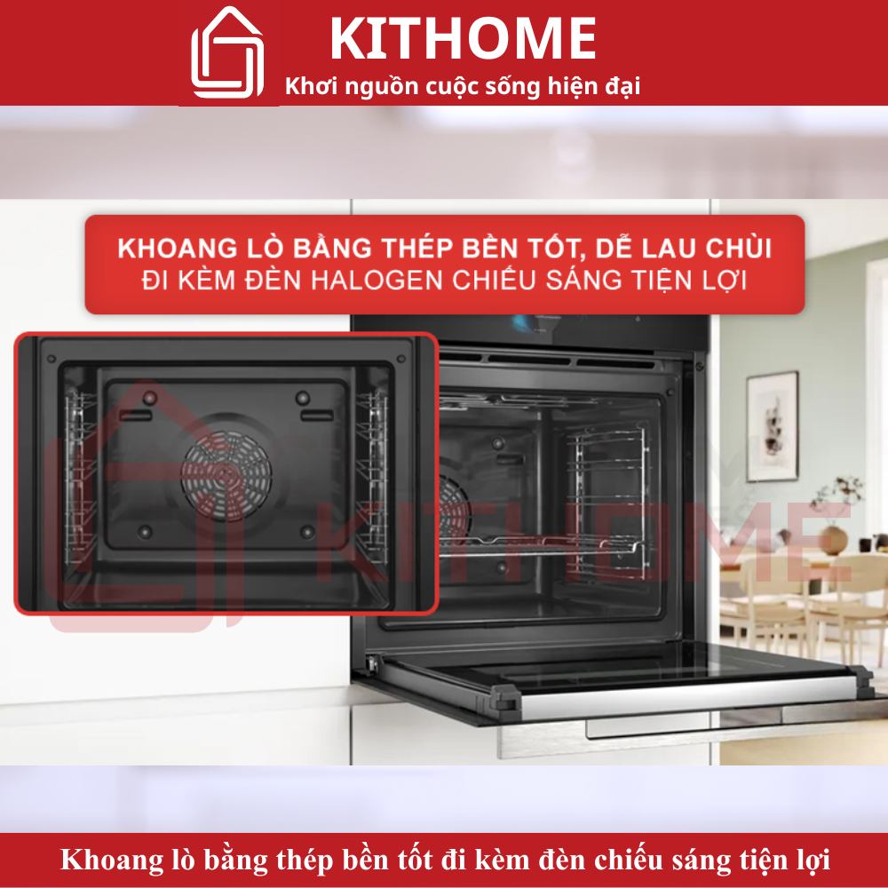 Khoang lò thép tráng men bền bỉ, tích hợp đèn Halogen tiện lợi Khoang lò thép tráng men bền bỉ, tích hợp đèn Halogen tiện lợi