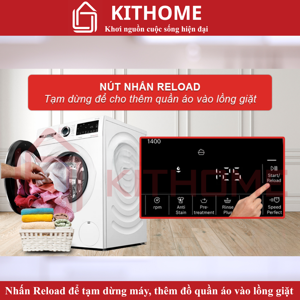 Nhấn Reload để tạm dừng máy, thêm đồ quần áo vào lồng giặt