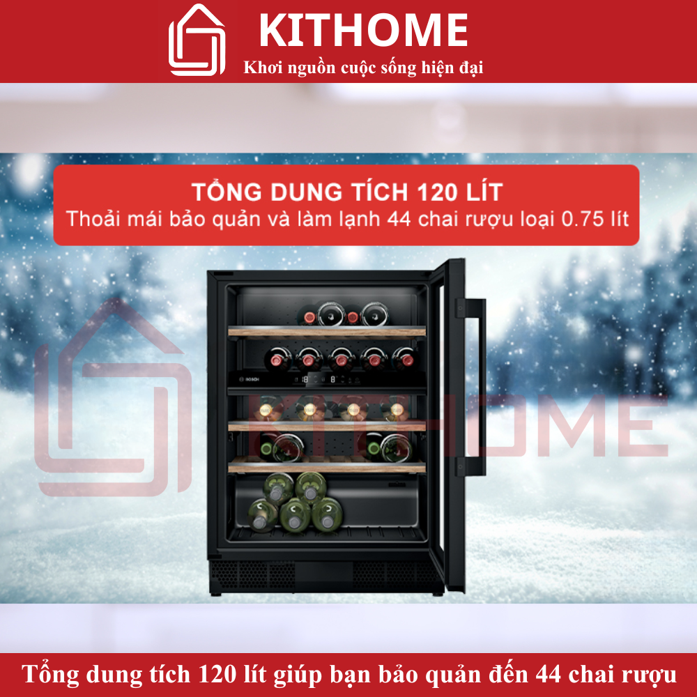 Dung tích lớn 120 lít, lưu trữ đến 44 chai rượu tiêu chuẩn