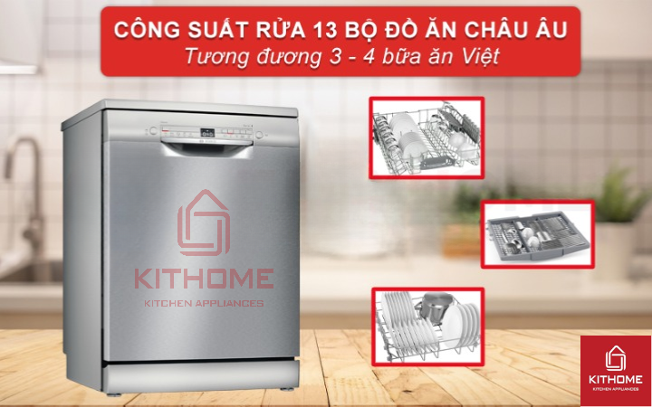 Dung tích chứa lớn, công suất rửa 13 bộ phù hợp gia đình 4 - 6 người