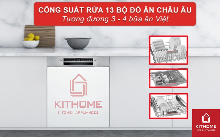 Dung tích rửa tối đa 13 bộ đồ ăn Châu Âu tương đương với 3 - 4 bữa ăn Việt