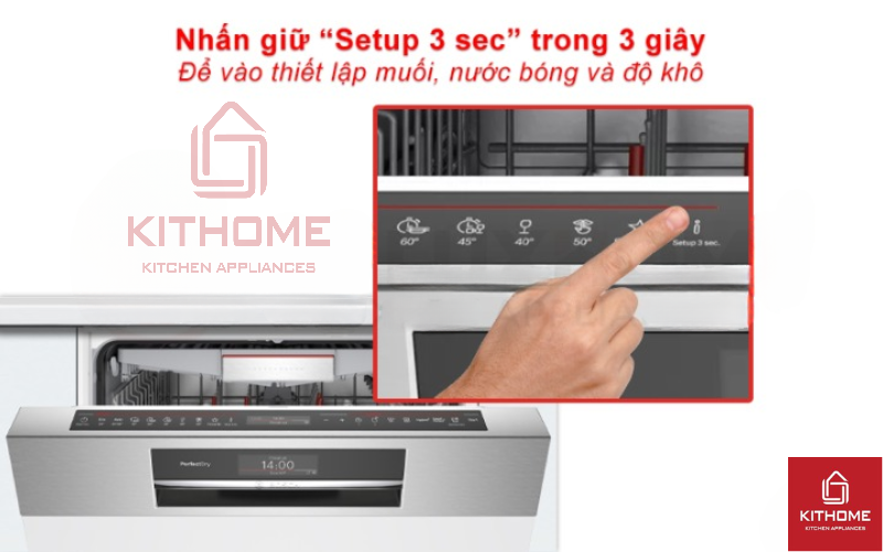 Nhấn giữ trong vòng 3 giây để vào thiết lập muối, nước bóng và độ khô