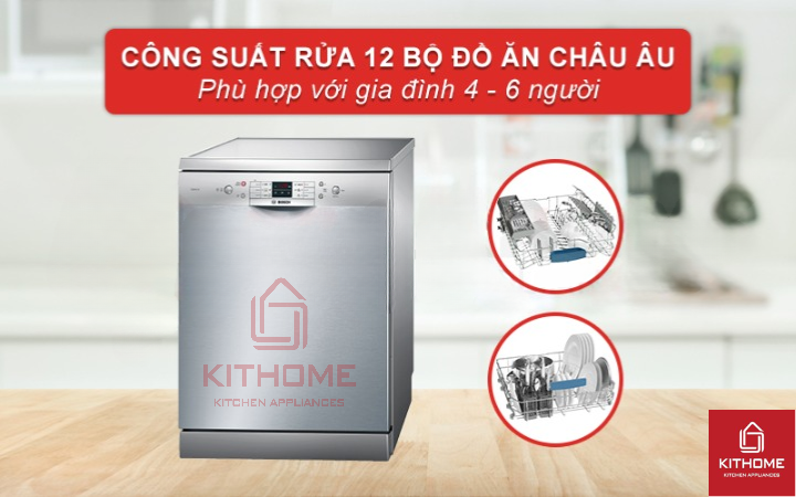 Máy rửa chén Bosch SMS63L08EA có thể rửa tối đa 12 bộ đồ ăn châu Âu
