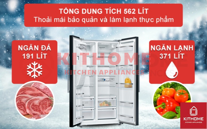 Tổng dung tích lớn 562 lít, đáp ứng nhu cầu bảo quản thực phẩm cho cả gia đình