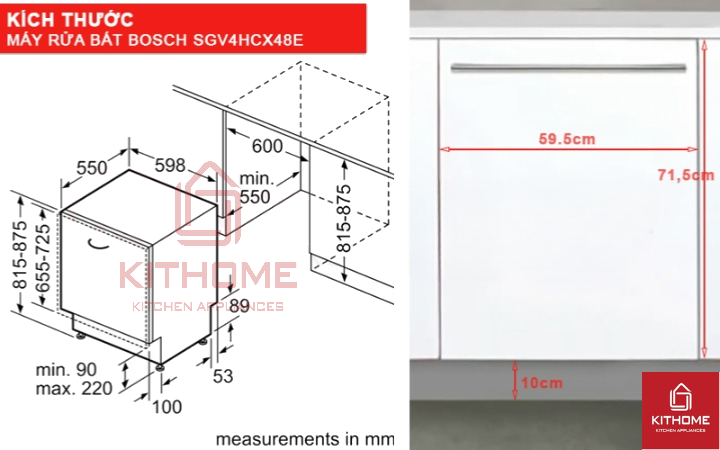 Kích thước của máy rửa bát SGV4HCX48E và tấm ốp gỗ