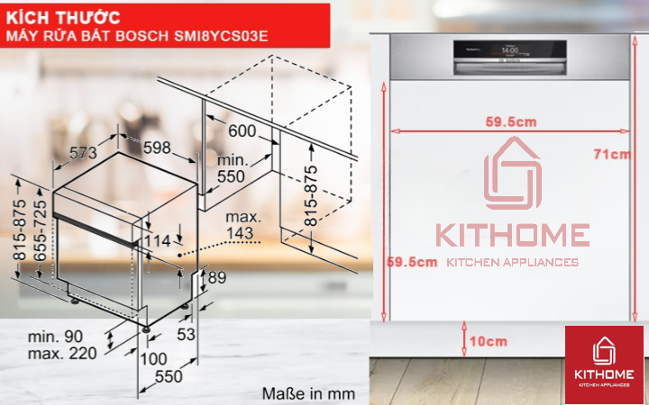 Kích thước máy rửa bán Bosch bán âm SMI8YCS01E và tấm ốp gỗ