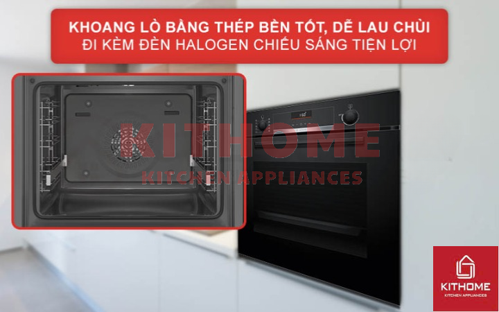 Khoang lò thép không gỉ bền bỉ, dễ dàng vệ sinh, tích hợp đèn Halogen chiếu sáng