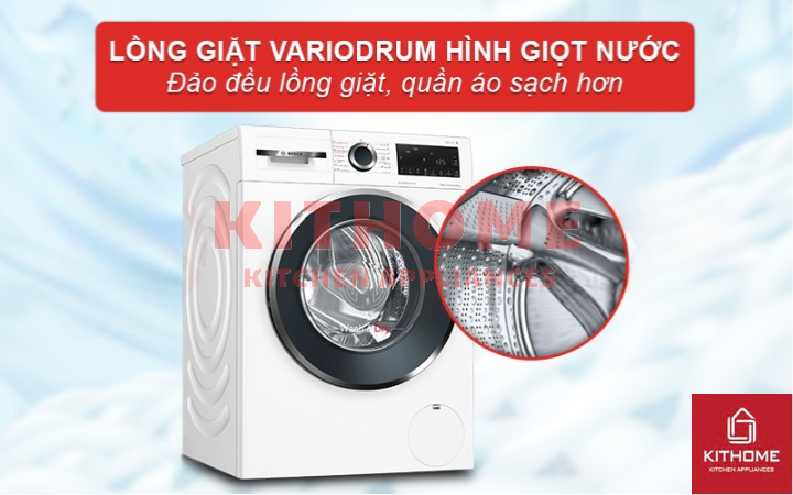 Lồng giặt VarioDrum hình giọt nước – Tối ưu hiệu quả giặt sạch và bảo vệ quần áo  Lồng giặt VarioDrum với thiết kế hình giọt nước độc đáo giúp phân phối nước và bột giặt đồng đều hơn, mang lại hiệu quả giặt sạch tối ưu. Các cấu trúc giọt nước và cánh quạt bên trong lồng giặt xoay quần áo nhẹ nhàng vào trung tâm, giúp loại bỏ vết bẩn hiệu quả mà không gây hư hại hay làm giãn vải.  Thiết kế này đặc biệt hữu ích cho việc giặt các loại quần áo nhạy cảm, bảo vệ chất liệu vải trong quá trình giặt. Lồng giặt VarioDrum không chỉ giúp quần áo sạch hơn mà còn giúp bảo vệ độ bền của chúng, đảm bảo quần áo luôn giữ được độ mới sau mỗi lần giặt.