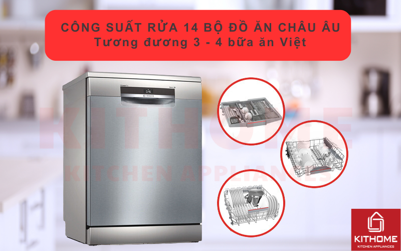 Máy rửa chén Bosch SMS6ECI07E có thể rửa tối đa lên đến 14 bộ đồ ăn châu Âu.