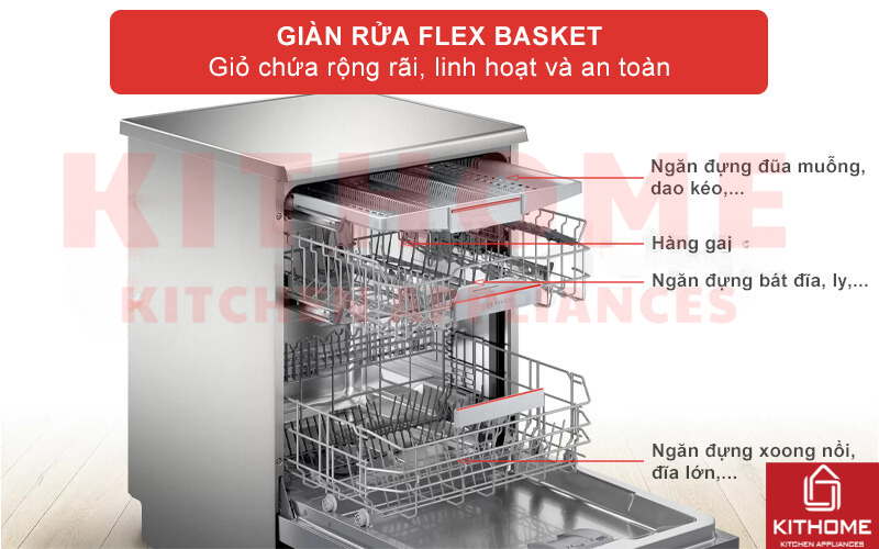 ​    ​​    ​Hệ thống giàn rửa Flex Basket rộng rãi và ổn định, thuận tiện xếp bát đĩa vào máy.