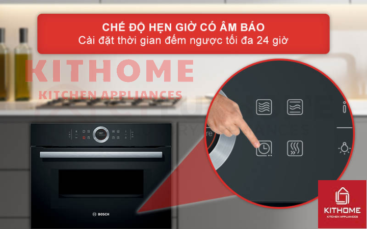 Chức năng hẹn giờ lên đến 24 giờ tiện lợi  Lò nướng kết hợp vi sóng Bosch CMG633BB1 cho phép người dùng cài đặt hẹn giờ tối đa lên đến 24 giờ. Thời gian sẽ được đếm ngược và hiển thị rõ ràng trên màn hình LED, cùng với biểu tượng thông báo xuất hiện trong suốt quá trình hẹn giờ.  Khi thời gian kết thúc, lò sẽ phát ra âm báo và hiển thị thông báo, giúp bạn dễ dàng phân biệt giữa hẹn giờ và quá trình nấu ăn đã hoàn thành. Điều này mang lại sự tiện lợi và chính xác trong quá trình sử dụng lò nướng.