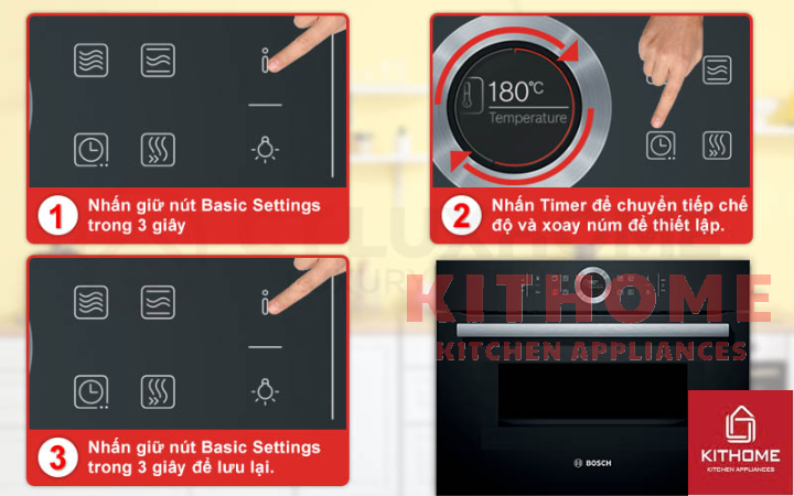 Ngoài những thao tác lựa chọn các chương trình và cấp độ, người dùng cũng có thể tùy chỉnh các chế độ cơ bản của lò nướng kết hợp lò vi sóng Bosch CMG633BB1.
