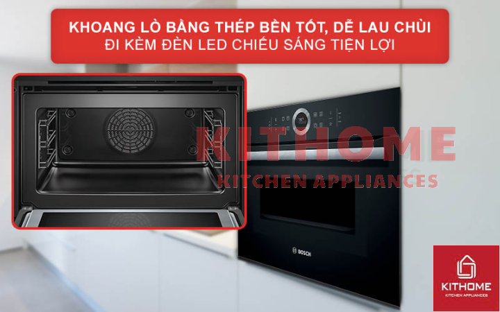 Khoang lò thép không gỉ bền bỉ, dễ vệ sinh và trang bị đèn LED tiện dụng