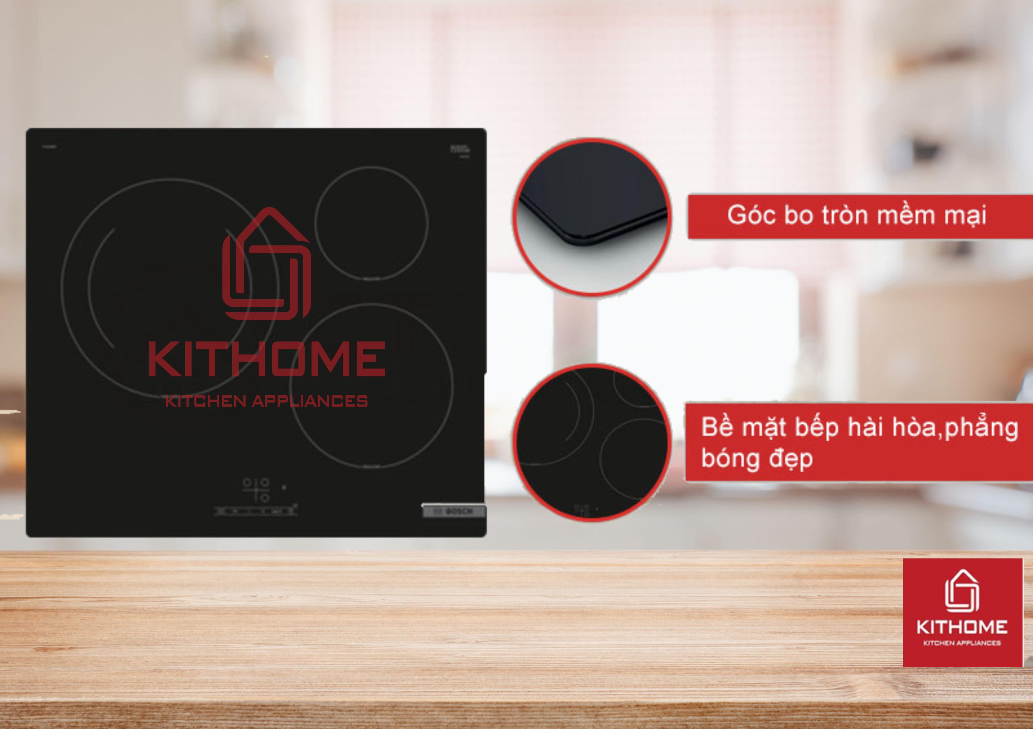 Thiết kế cạnh bếp bo tròn, bề mặt kính đen sang trọng