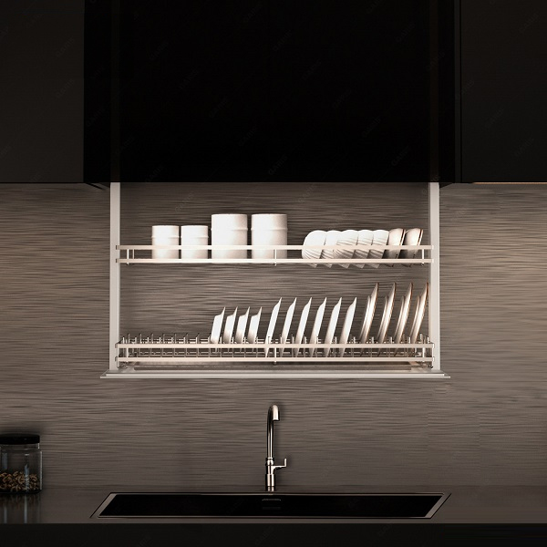 Giá bát đĩa nâng hạ điện cảm ứng khung nhôm rổ Inox 304 900mm Garis GL06.9XT