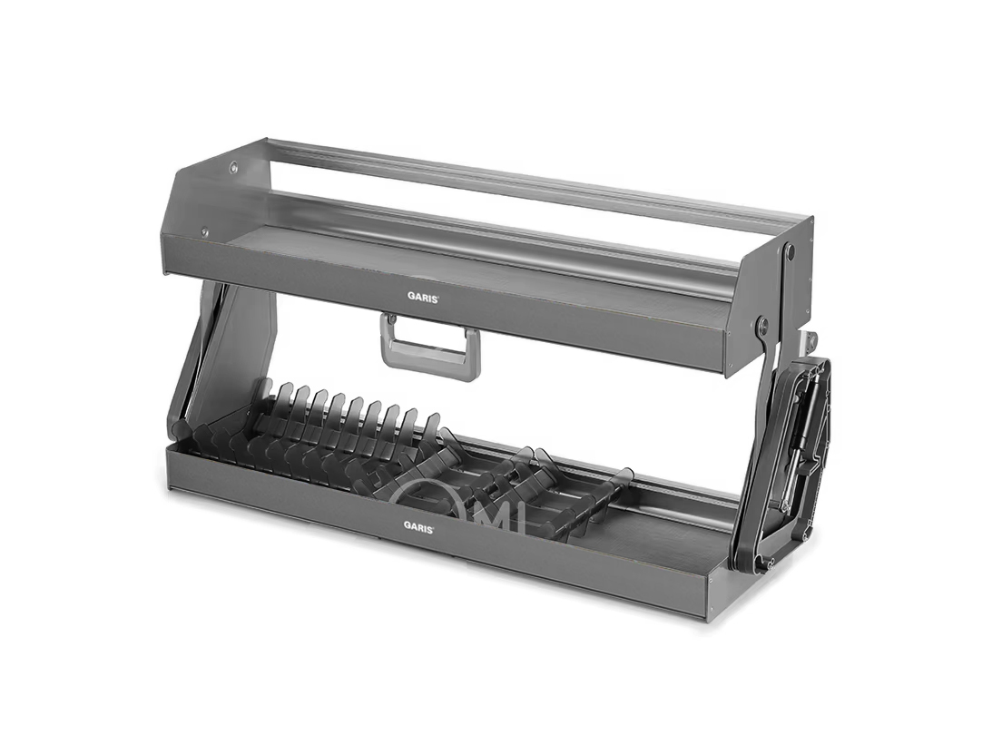 Giá gia vị bát đĩa nâng hạ 2 tầng khay nhôm màu ghi xám 800mm Garis GL05.802 + GL05.801