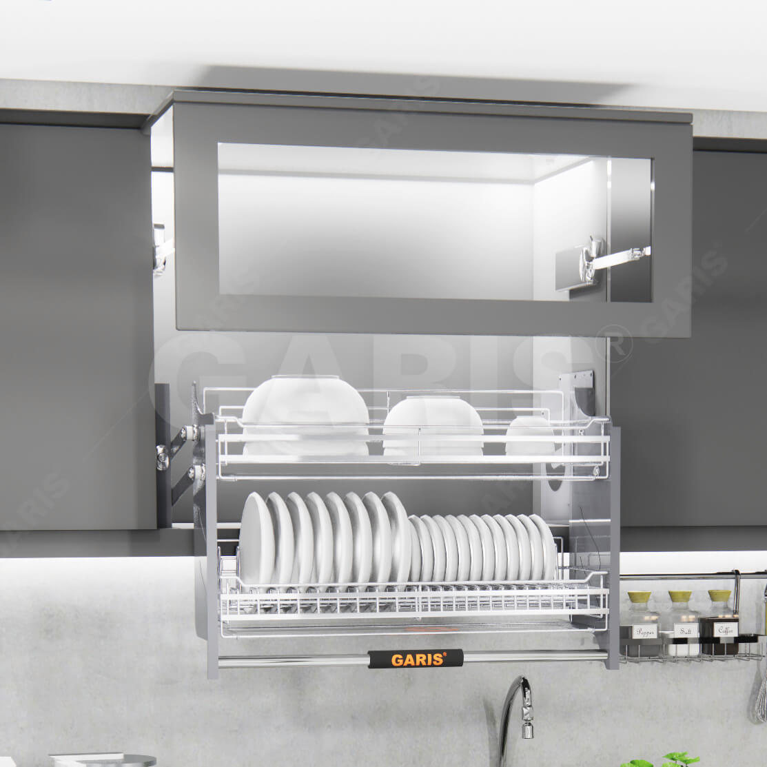 Giá bát đĩa nâng hạ Inox 304 nan dẹt mạ Chrome 900mm Garis GL06.90C