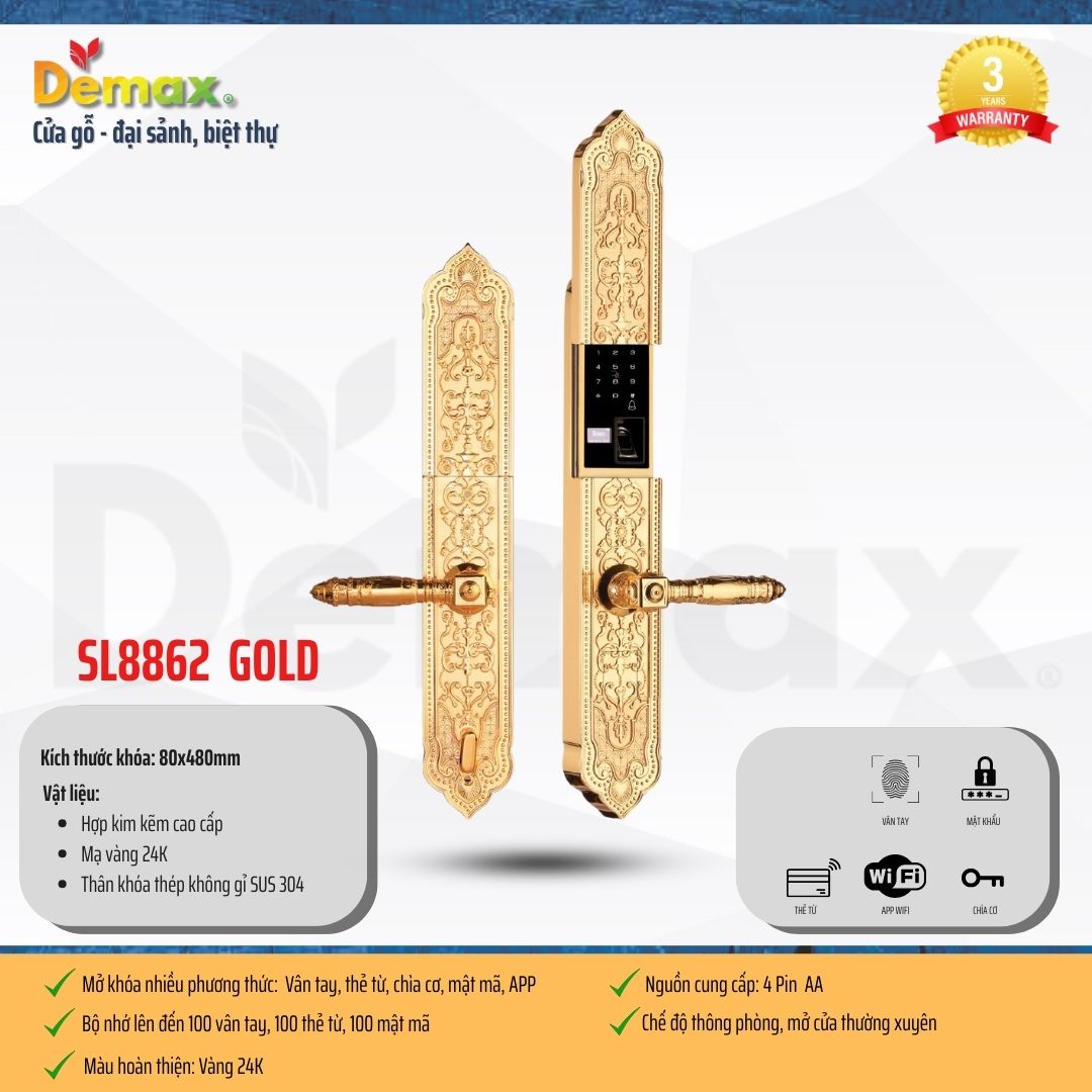 Khóa biệt thự đại sảnh DEMAX EL8862 Gold APP