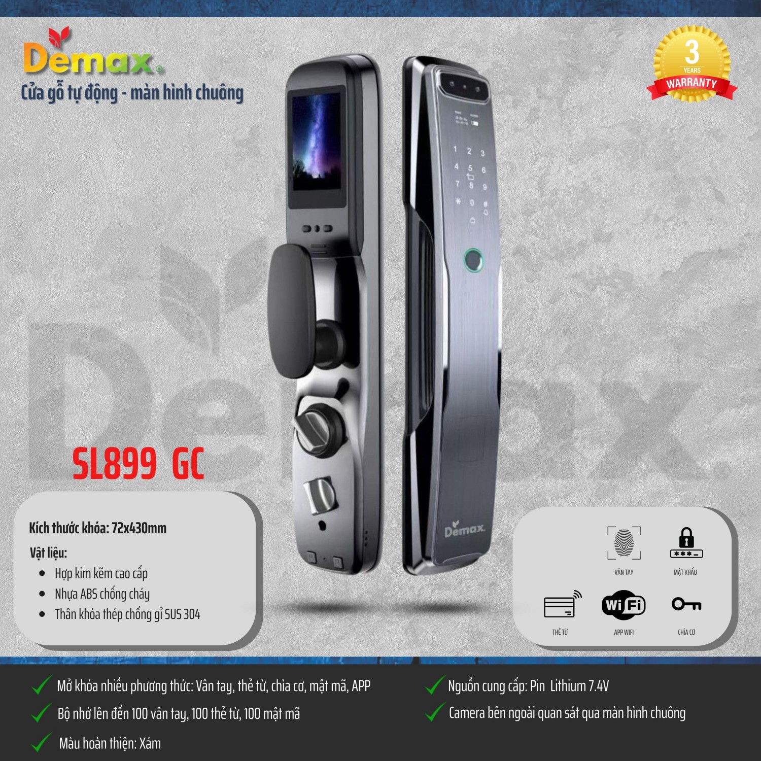 Khóa cửa thông minh màn hình chuông Demax SL899 GC