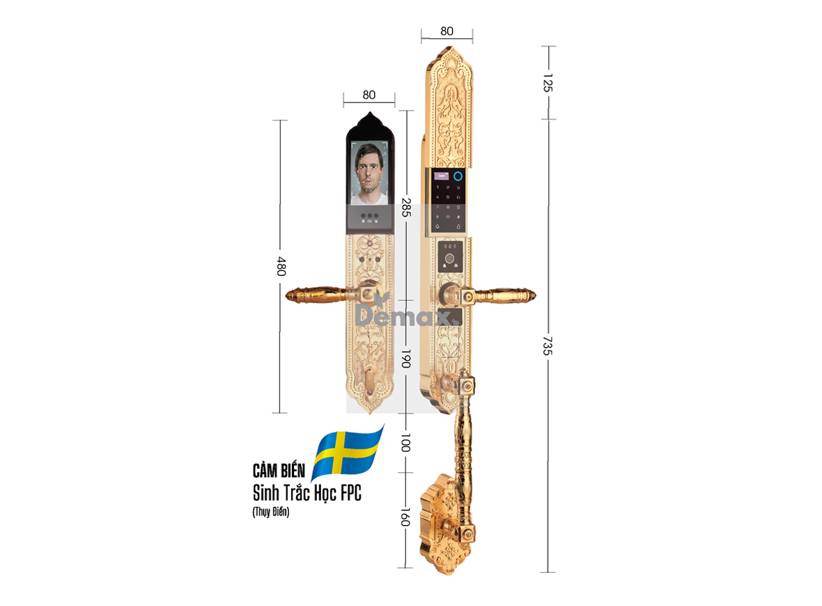 Khóa cửa đại sảnh Demax EL 988 BRASS 24K ID APP WIFI