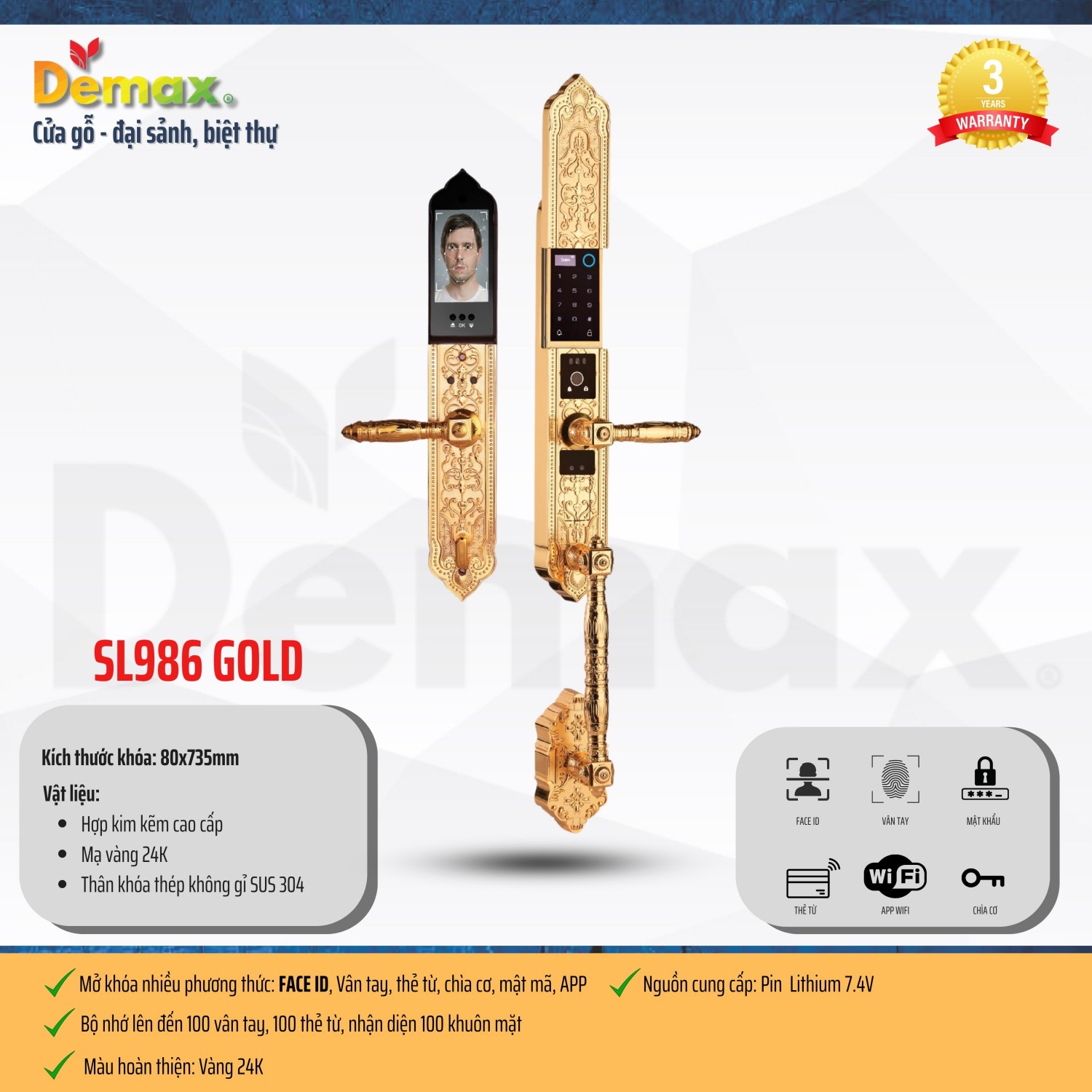 Khóa cửa đại sảnh Demax EL986 GOLD ID APP WIFI