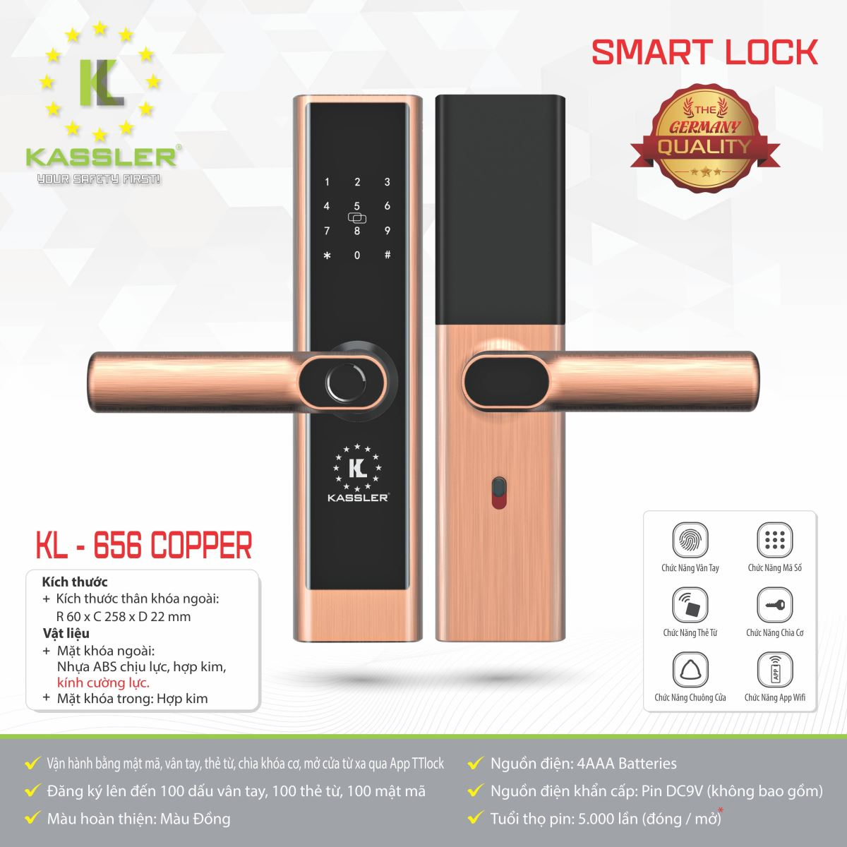Khóa cửa vân tay Kassler KL656 COPPER