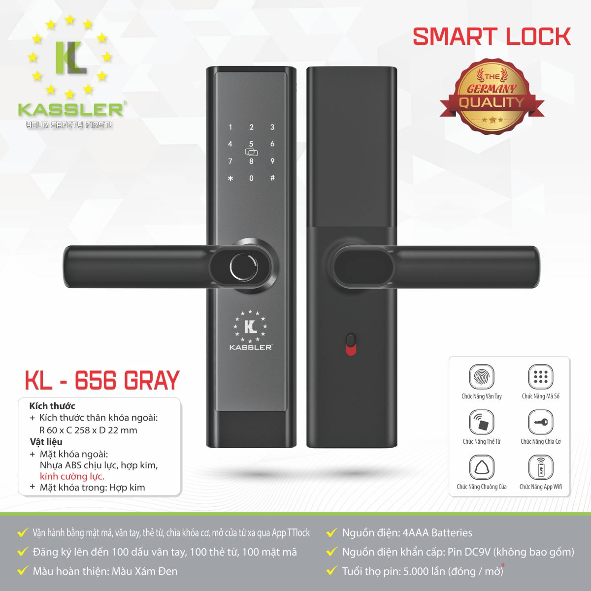 Khóa cửa vân tay Kassler KL656 Grey