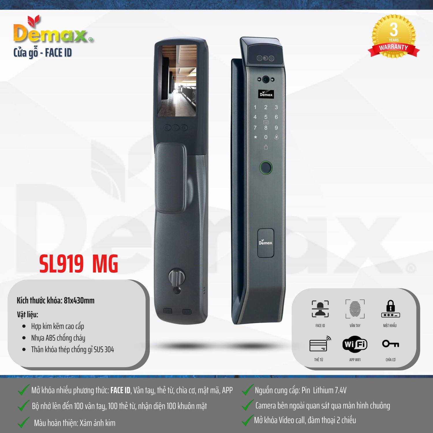 Khóa cửa nhận diện khuôn mặt Demax SL919 MG VIDEO CALL REMOTE APP WIFI
