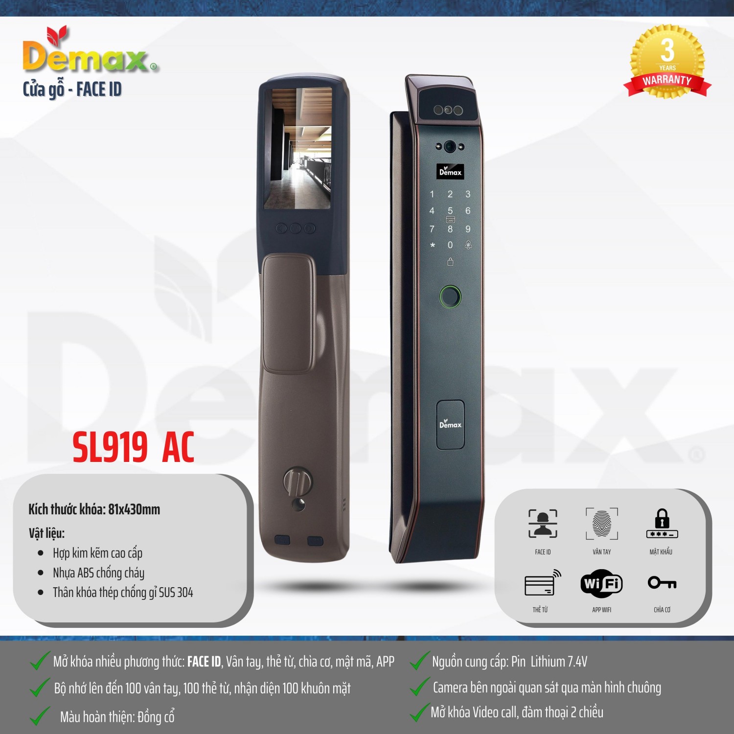 Khóa cửa nhận diện khuôn mặt Demax SL919 AC FACE ID VIDEO CALL REMOTE APP WIFI